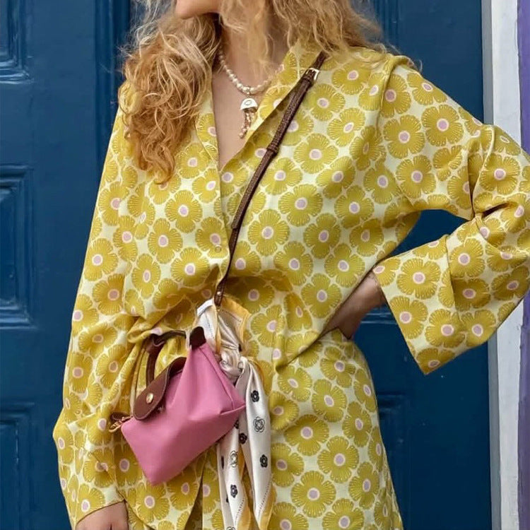 Women's Loose Lounge Two-Piece with Shirt Blouse and Balloon Pants Mune Fashion