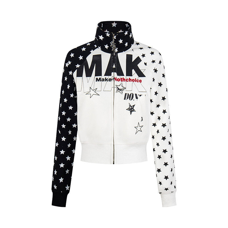 Women's cropped zip-up sweatshirt with stand-up collar, star print, and raglan sleeves Mune Fashion