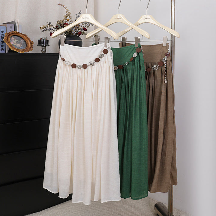 Women's maxi skirt with gathered waist, flowing flared shape and decorative coin belt Mune Fashion
