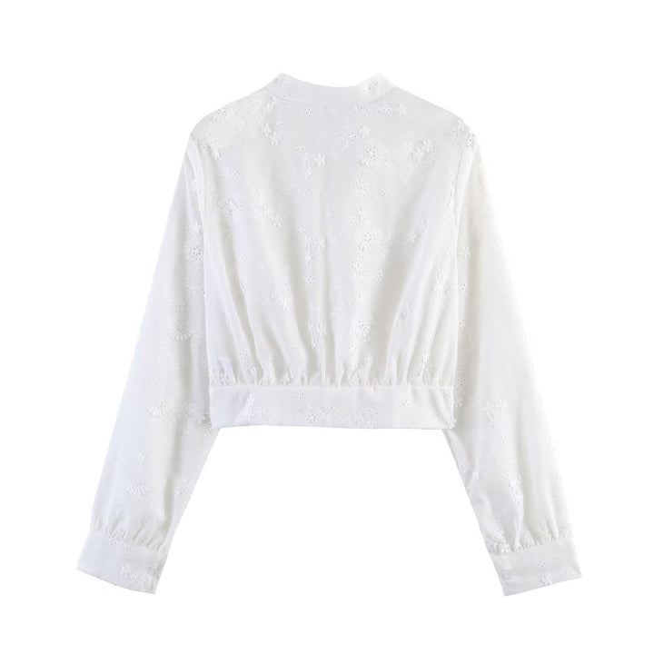 Women's Embroidered Cropped Blouse with Stand-up Collar, Cutwork Embroidery and Tailored Waist Mune Fashion