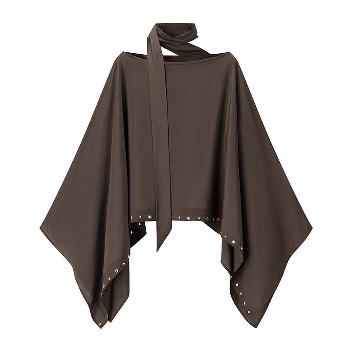 Women’s flowing cape poncho with bow, asymmetrical pointed hem and eyelet trim Mune Fashion