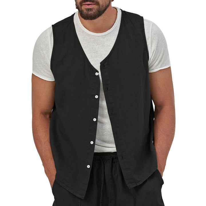 Men's casual sleeveless shirt waistcoat made of linen-cotton blend with V-neck and full button placket Mune Fashion