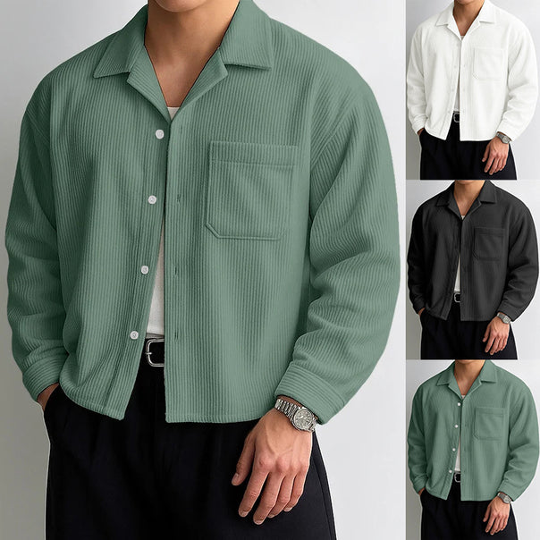 Men's ribbed long sleeve shirt with lapel collar, chest pocket, and relaxed fit Mune Fashion
