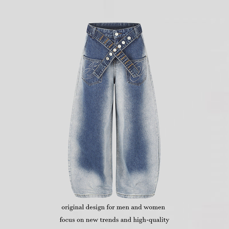 Women's Extra Wide High-Waist Palazzo Jeans with Crossed Decorative Waistband and Embroidered Pockets Mune Fashion