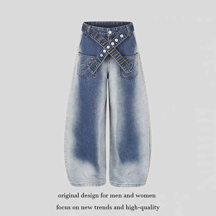 Women's Extra Wide High-Waist Palazzo Jeans with Crossed Decorative Waistband and Embroidered Pockets Mune Fashion