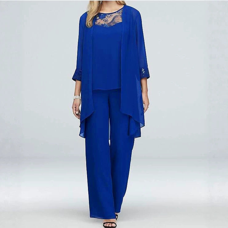 Women's flowing chiffon evening ensemble with lace trim, kimono cardigan and wide palazzo pants Mune Fashion