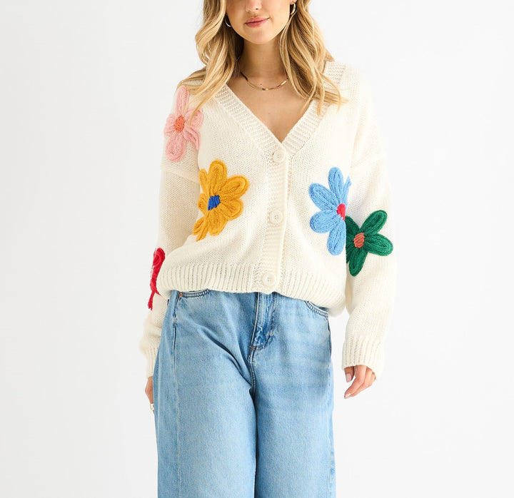 Women's Boxy Knit Sweater with Colorful 3D Flower Appliqués Mune Fashion