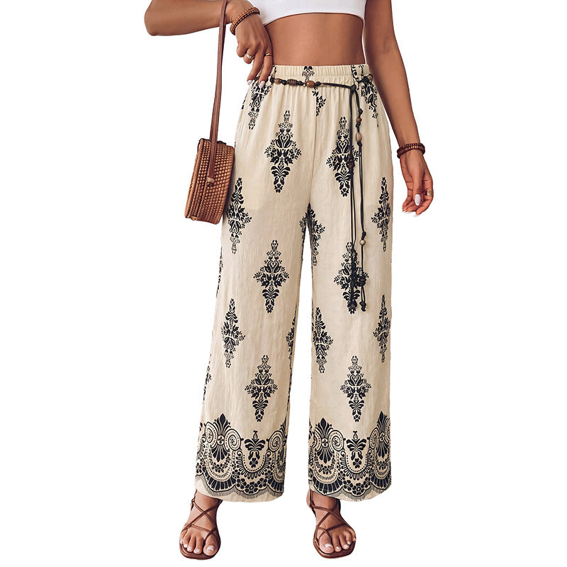 Women Light Boho Harem Pants with Elastic Waistband, Tassel Drawstring and Oriental Print Mune Fashion