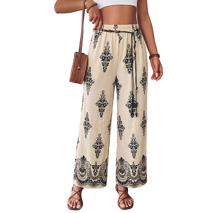 Women Light Boho Harem Pants with Elastic Waistband, Tassel Drawstring and Oriental Print Mune Fashion