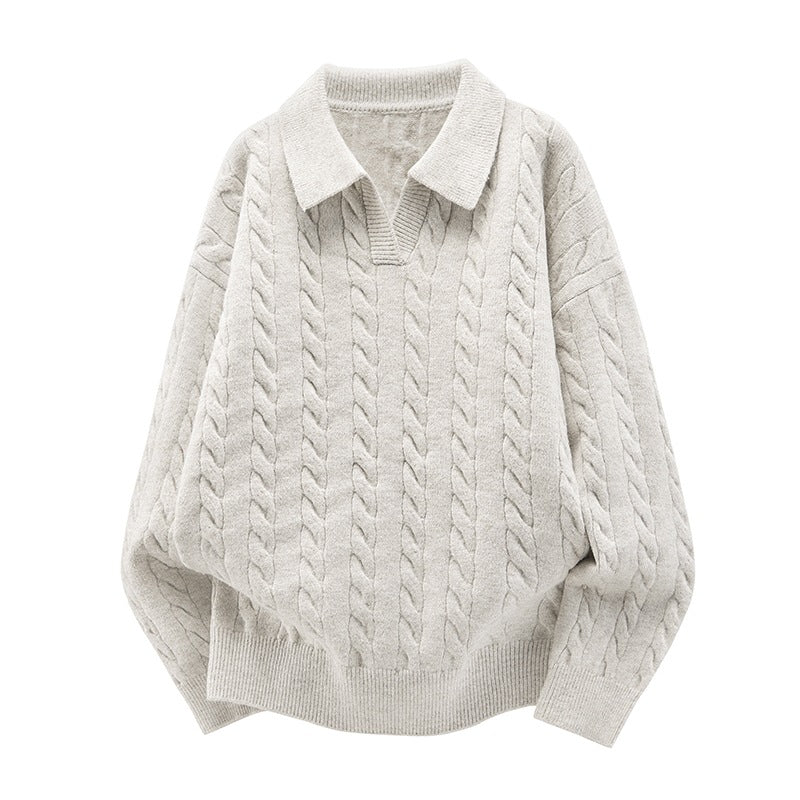 Women's Oversized Cable Knit Polo Sweater with V-Neck and Ribbed Hem Mune Fashion