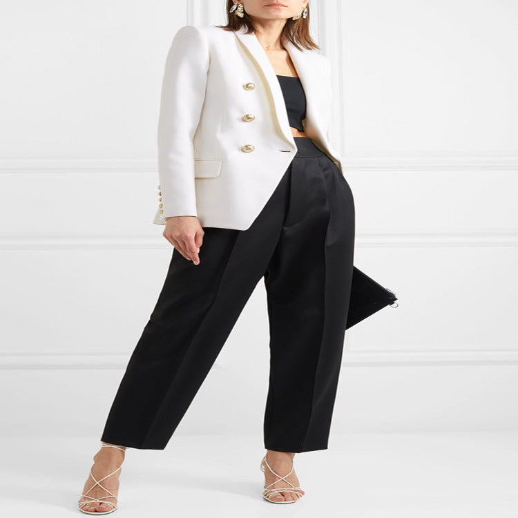 Women's Tailored Double-Breasted Blazer in Tuxedo Tailoring with Shawl Collar and Golden Decorative Round Buttons Mune Fashion