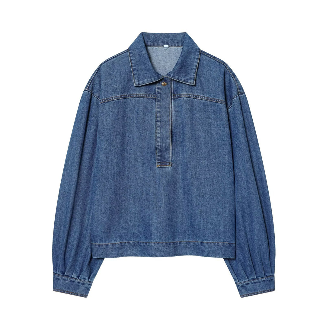 Women's Oversize Denim Pullover Jacket with Half Placket Mune Fashion
