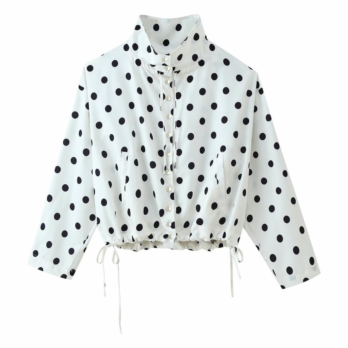 Women Polka Dot Short Blouse with Standing Collar, Button Placket and Drawstring Hem Mune Fashion