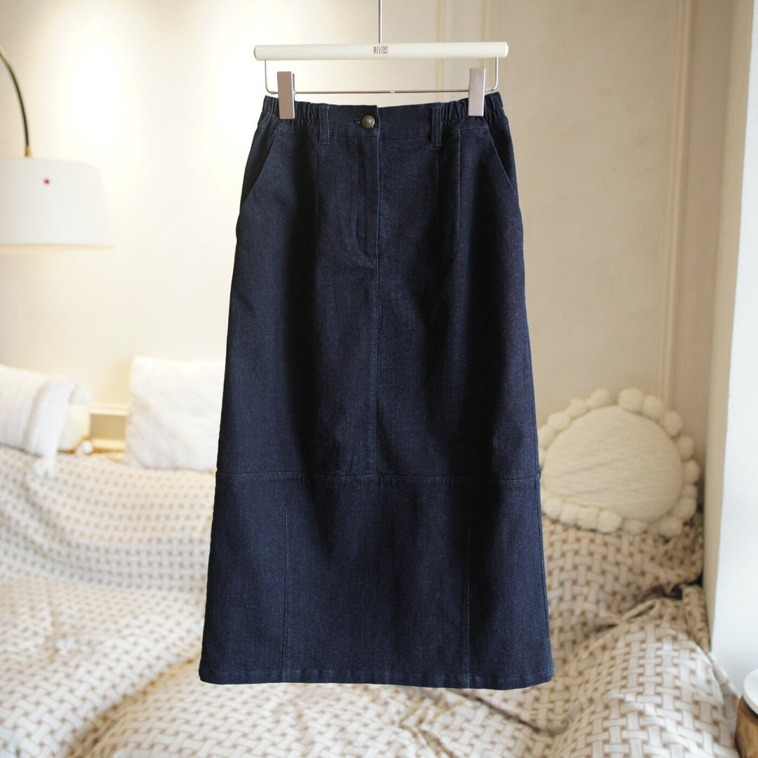 Ladies Jeans Midi Skirt with Elastic Waistband Mune Fashion