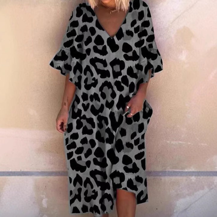 Ladies' casual midi dress in tunic style with V-neck, ruffled sleeves, and side pockets Mune Fashion