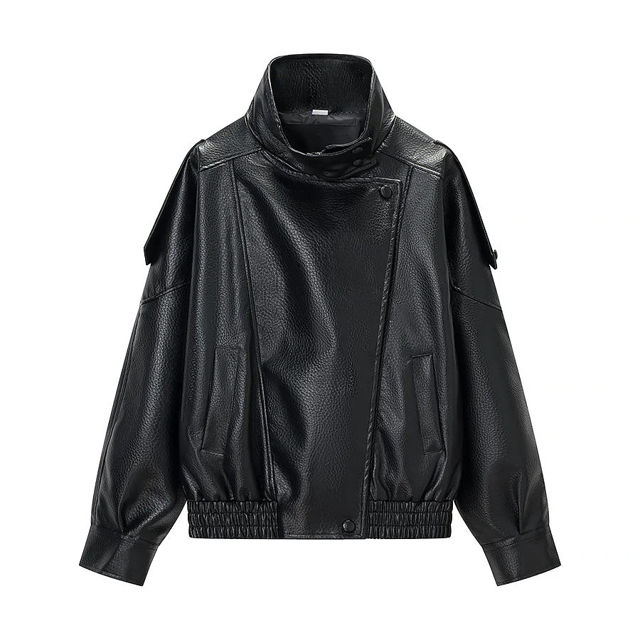 Women's oversized faux leather jacket with high stand-up collar, asymmetric snap button placket, and elastic hem Mune Fashion