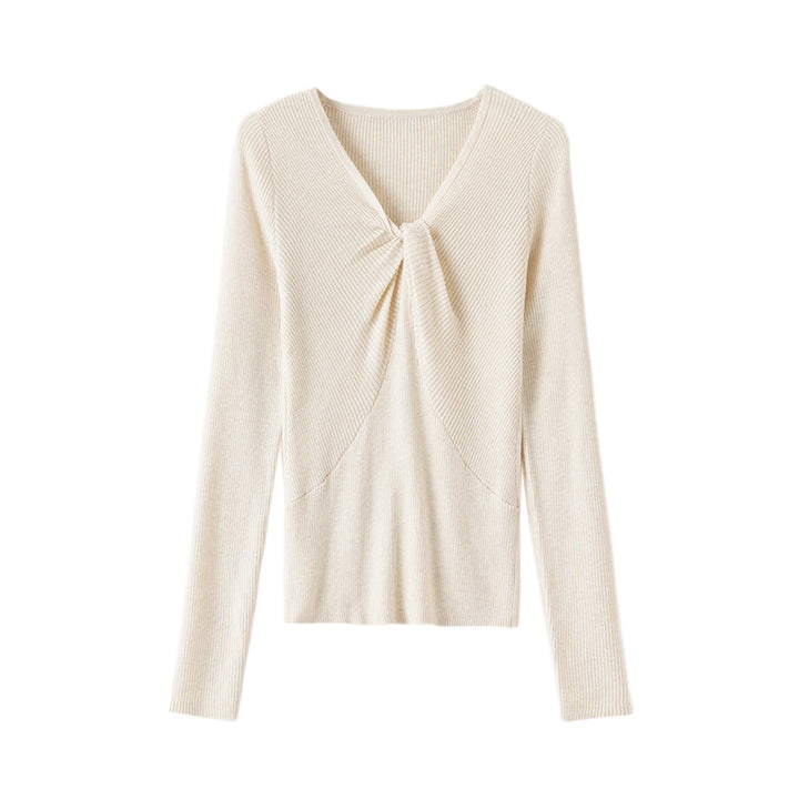 Women's fine-knit top with V-neck, twist detail, and fitted silhouette Mune Fashion