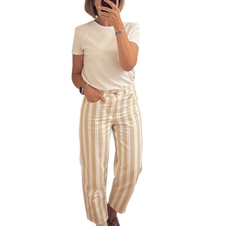 Women High-Waisted Striped Linen Pants with Wide Leg and Cropped Length Mune Fashion