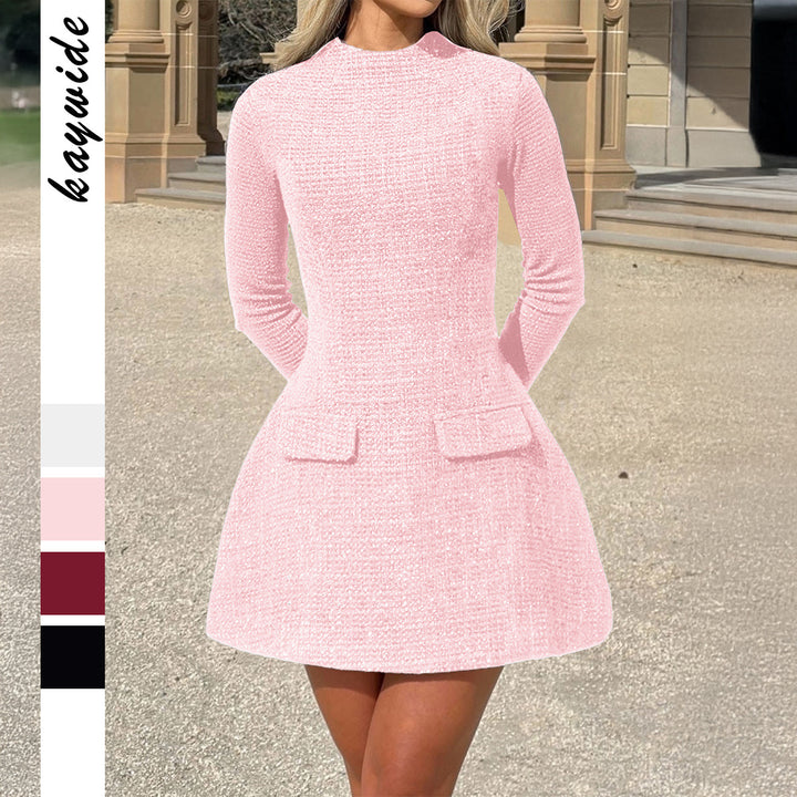 Women's fitted bouclé minidress with stand collar, long sleeves, flared skirt, and decorative patch pockets Mune Fashion
