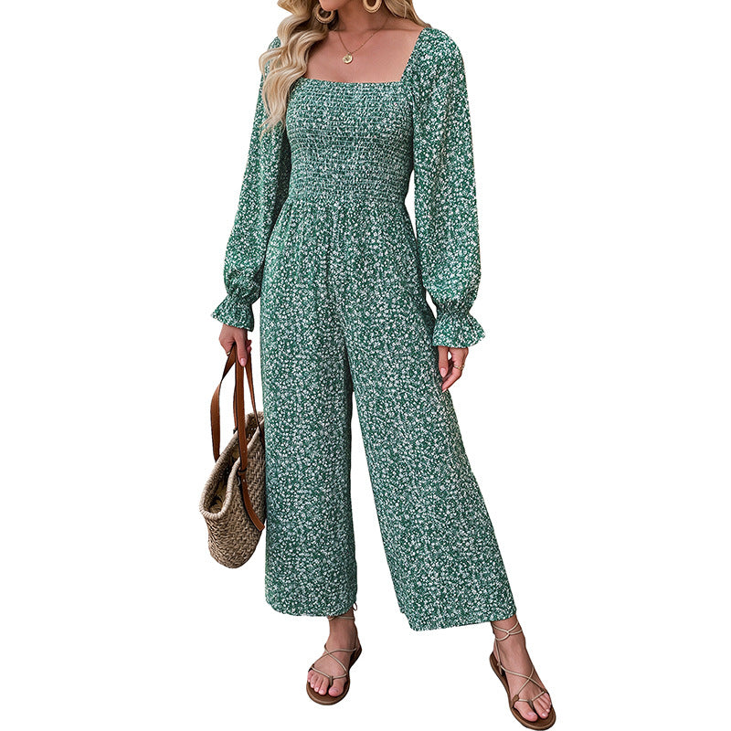 Women Casual Jumpsuit with Floral Patterns and Long Sleeves Mune Fashion
