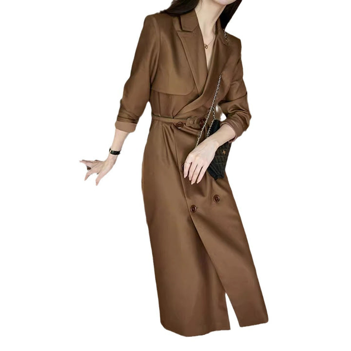 Women's Elegant Trench Coat with Double Button Placket and Waist Belt Mune Fashion