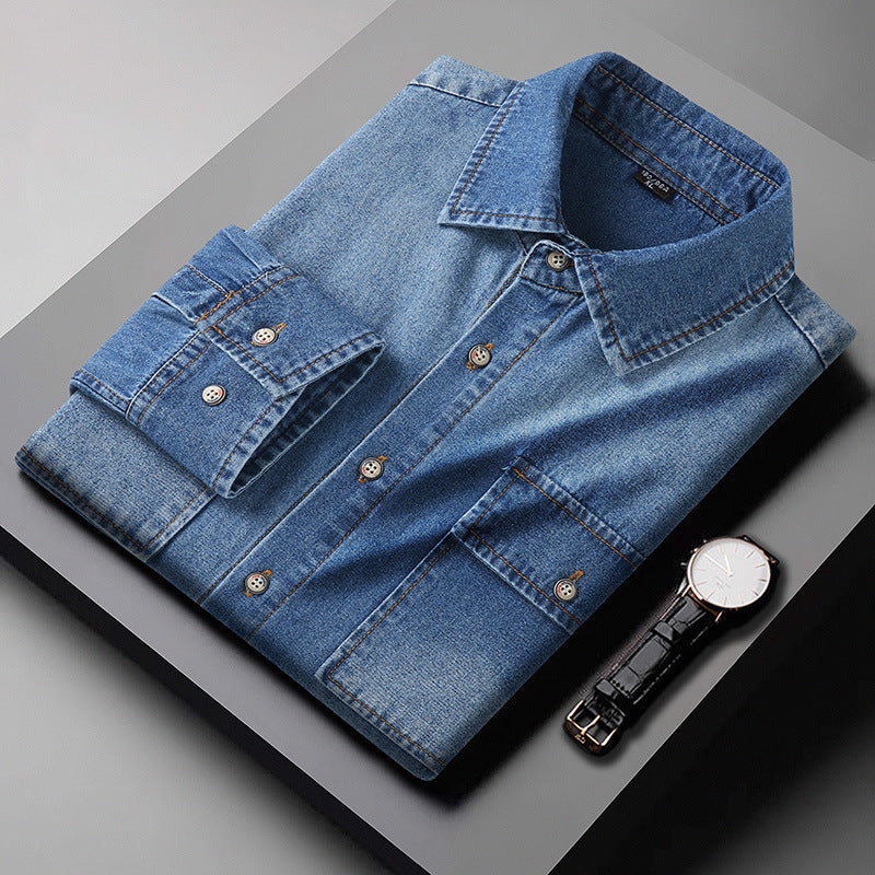 Men's denim shirt made of cotton denim with a Kent collar and patch chest pockets Mune Fashion