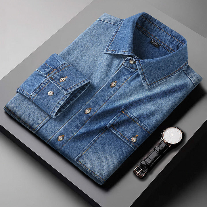 Men's denim shirt made of cotton denim with a Kent collar and patch chest pockets Mune Fashion
