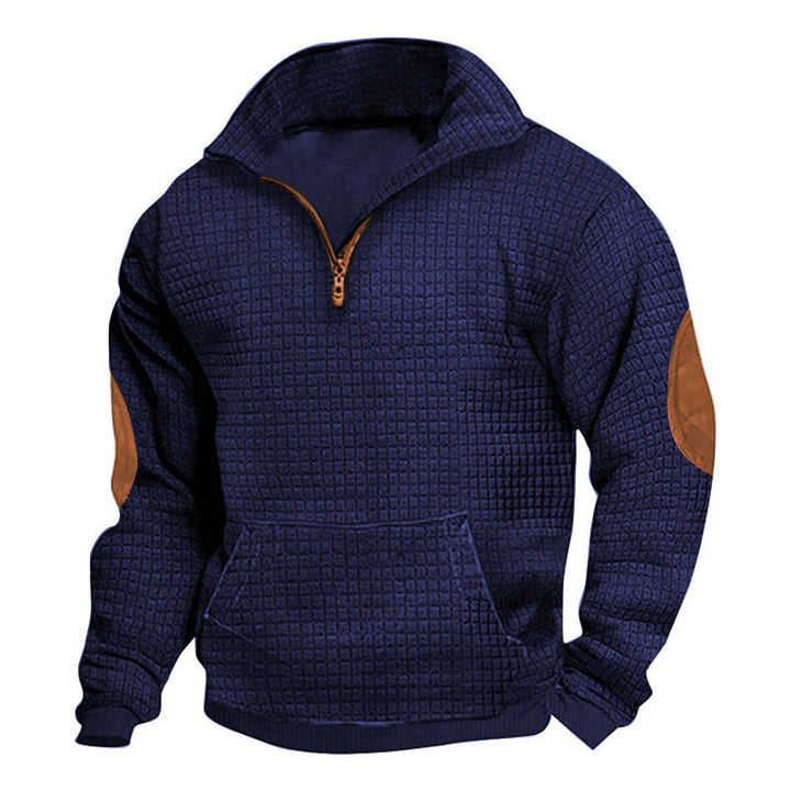 Men's thermo-regulating waffle knit half-zip pullover with kangaroo pocket and faux leather elbow patches Mune Fashion