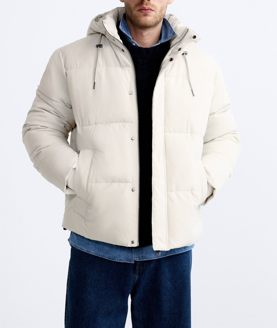 Men's short-cut padded hooded jacket with drawstring and concealed zip front Mune Fashion