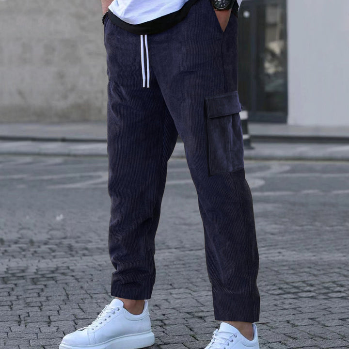 Men's tapered corduroy joggers with elastic drawstring waistband and patch flap pockets Mune Fashion