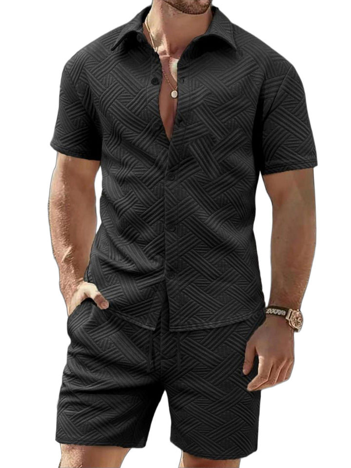 Men's nan geometric embossed short sleeve shirt and Bermuda two-piece set with shirt collar and drawstring Mune Fashion