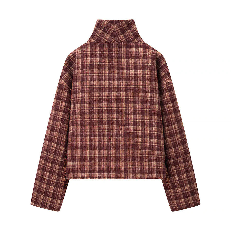 Women's nano boxy short checkered quilted jacket with high collar trim, asymmetric button placket and padded lining Mune Fashion