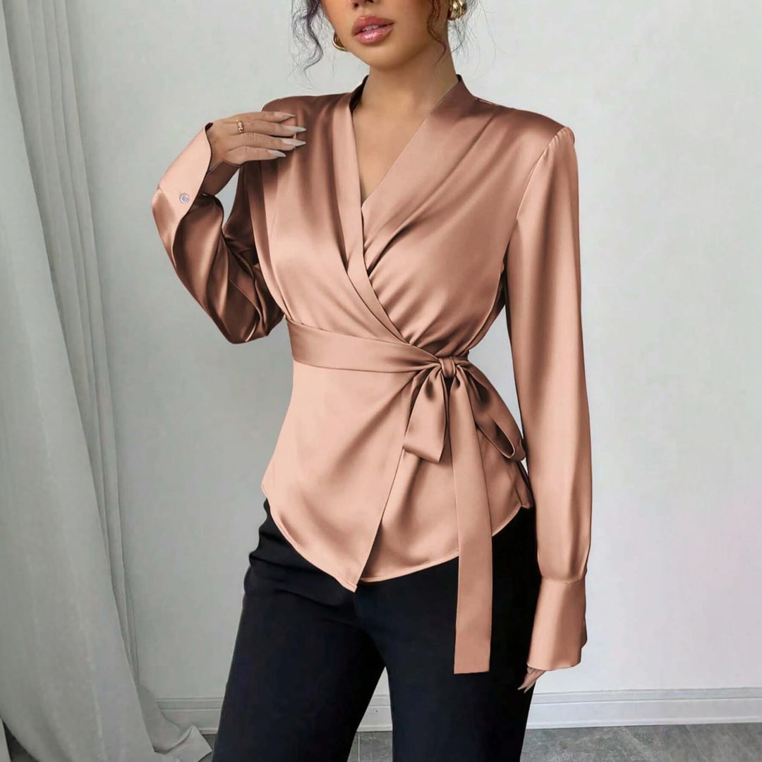 Women's Satin Wrap Blouse with V-Neck, Waist Belt and Slim Cuff Sleeve Mune Fashion