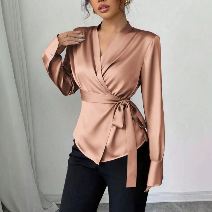 Women's Satin Wrap Blouse with V-Neck, Waist Belt and Slim Cuff Sleeve Mune Fashion