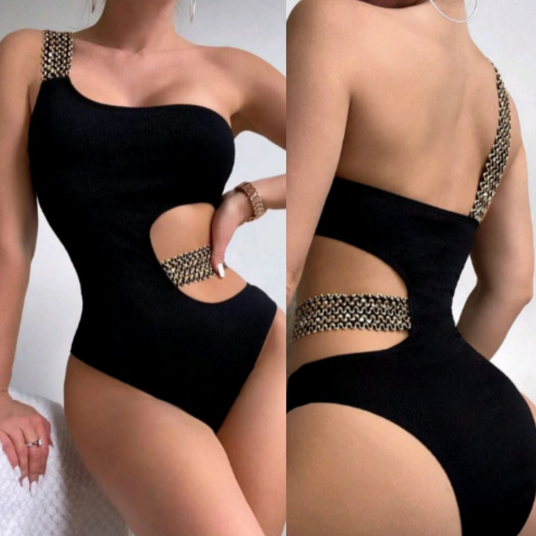 Women's One-Piece Swimsuit with Elegant Cut-Outs and Chain Detail