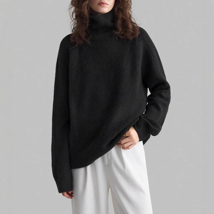 Women's Oversize Turtleneck Fine Knit Sweater with Raglan Sleeves and Side Slits Mune Fashion