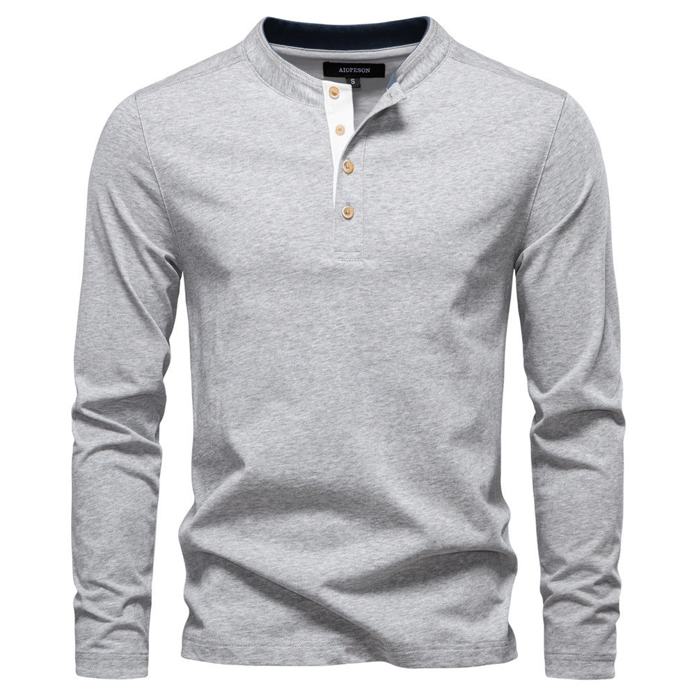 Men's navy cotton long-sleeve shirt with short button placket and stand collar Mune Fashion