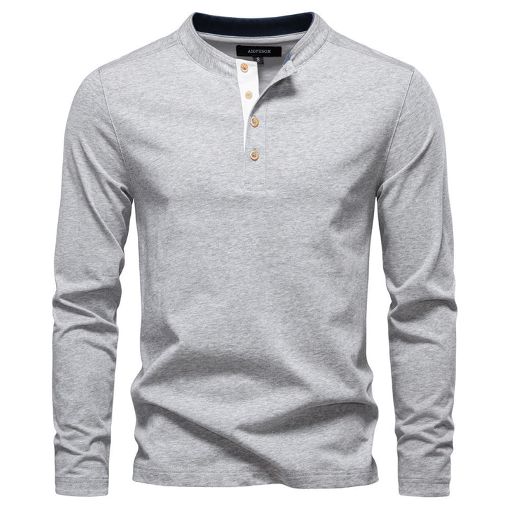 Men's navy cotton long-sleeve shirt with short button placket and stand collar Mune Fashion