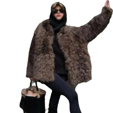 Women's Oversized Faux Fur Coat with High Collar and Teddy Texture Mune Fashion