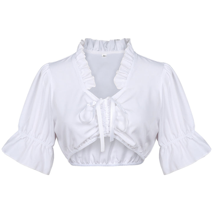 Women's lace bolero blouse with stand-up collar, 3/4 sleeves and tie band Mune Fashion