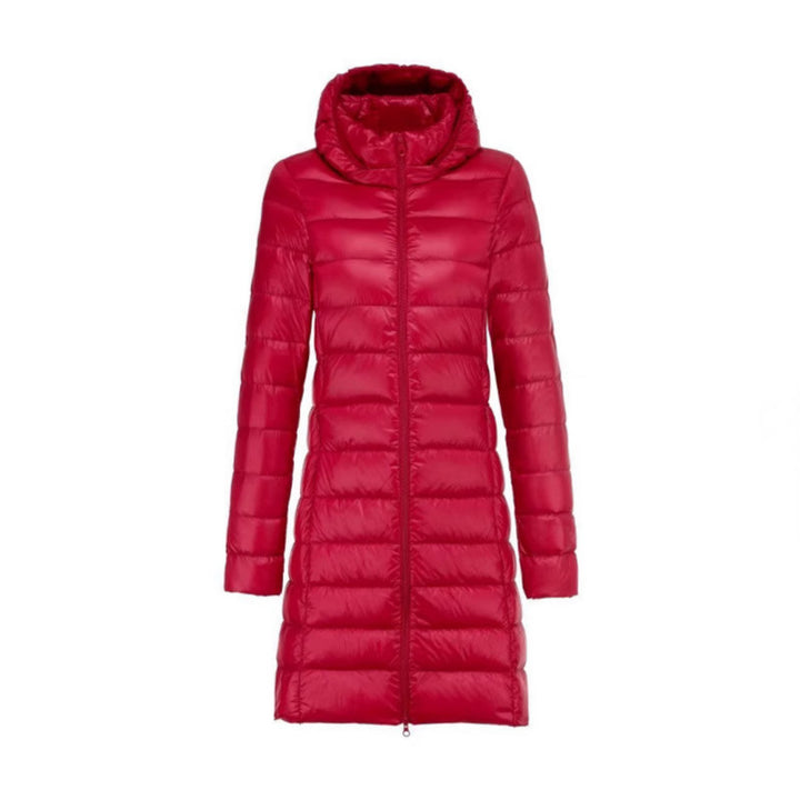 Women Long Cut Ultra-Light Thermal Parka with Contoured Silhouette and Hood Mune Fashion
