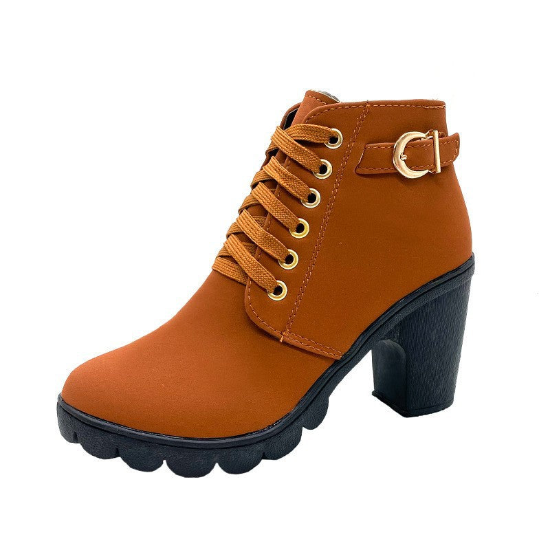 Women's elegant lace-up ankle boots with mid-block heel, grooved rubber sole, and decorative metal buckle Mune Fashion