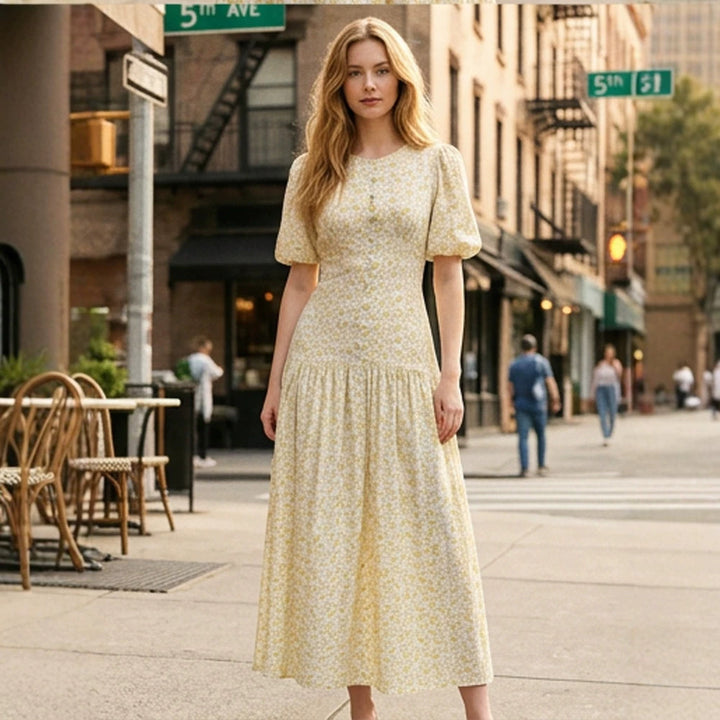 Women's midi dress with puff sleeves, fitted silhouette, and buttoned bodice Mune Fashion