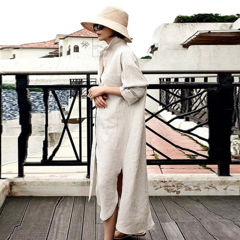 Women's Oversize Linen Maxi Dress with Stand Collar, Roll-Up Sleeves and High Side Slits Mune Fashion