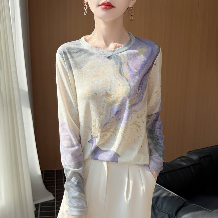 Ladies Lightweight Long Sleeve Shirt made of Viscose Mix with Watercolor Print and Round Neckline Mune Fashion