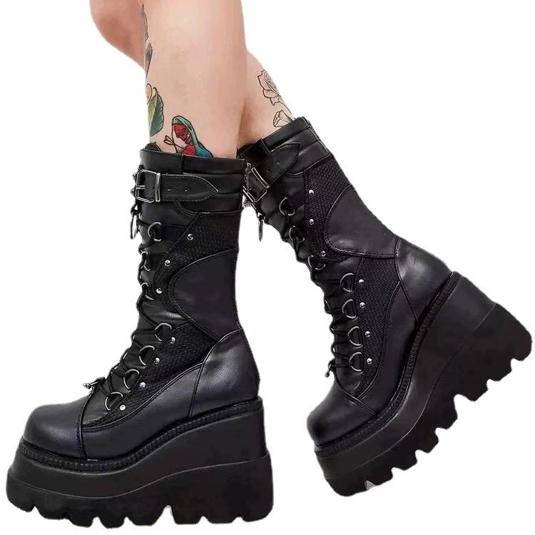 Women’s ankle-high platform biker ankle boots with lacing, decorative ring and double straps Mune Fashion
