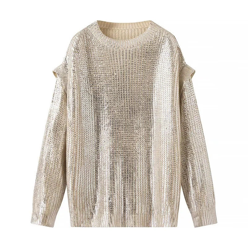 Women Shiny Oversize Knit Sweater with Shoulder Cutouts Mune Fashion