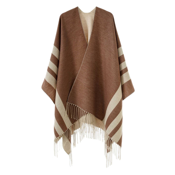 Women's Large Wool Blend Fringe Poncho with Diagonal Contrast Stripes Mune Fashion