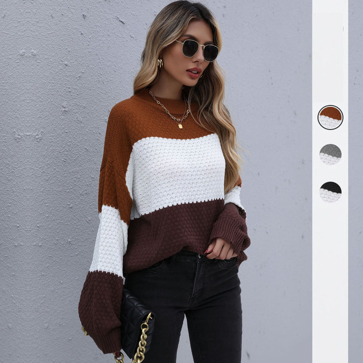 Women's color block knitted sweater with chunky texture knit and drop shoulder Mune Fashion