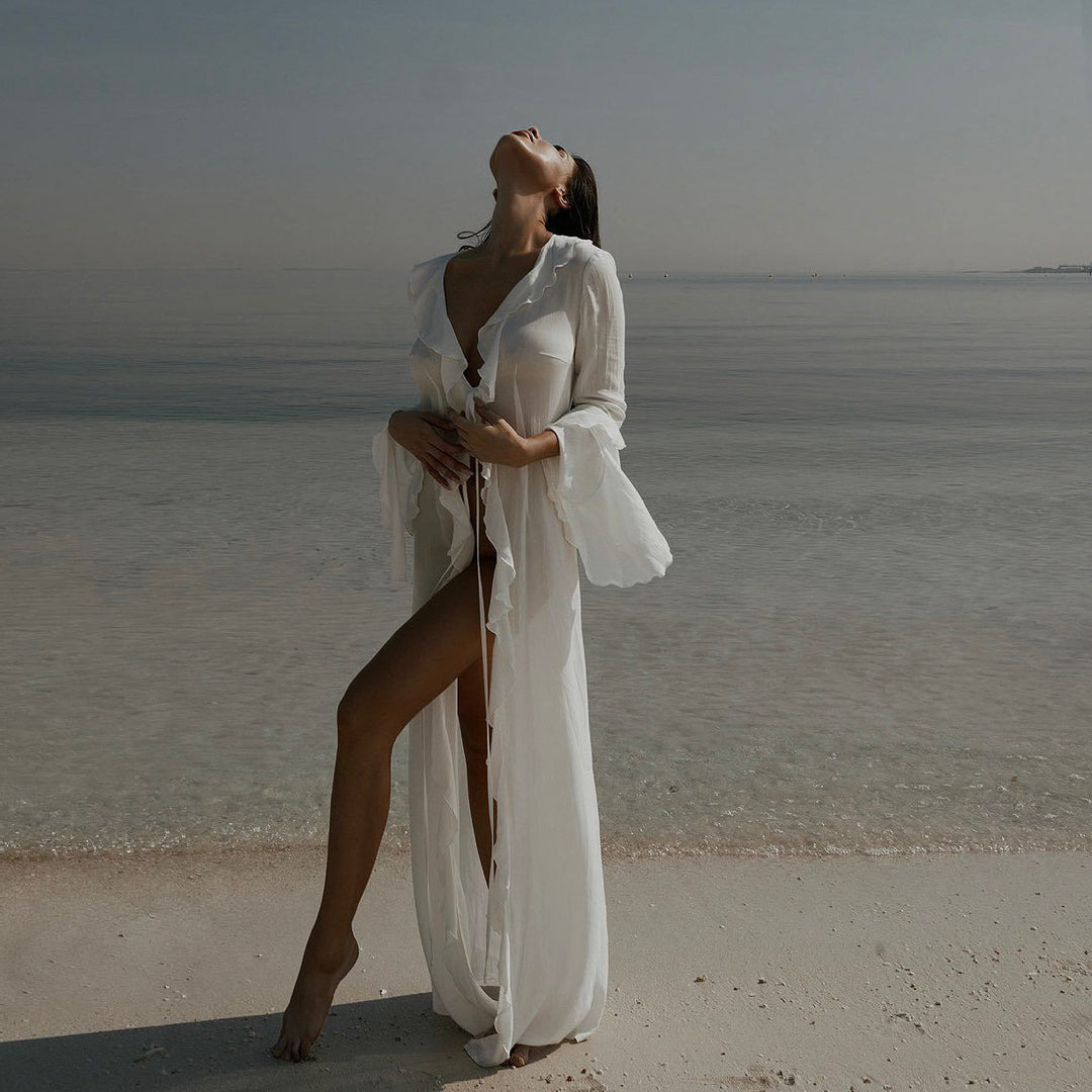 Women elegant beach dress with ruffles and deep slit Mune Fashion